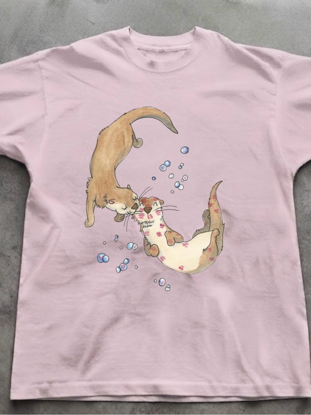 Cute Sea Otters Watercolor Art Graphic Tee Gildan Pink T-Shirt